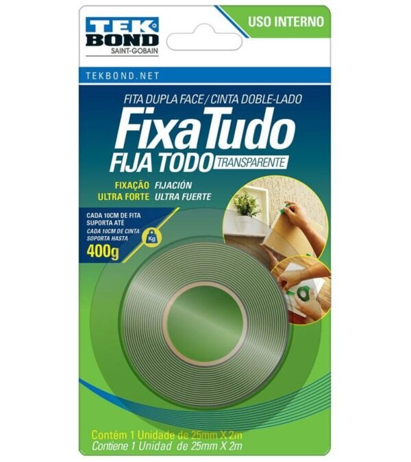 Fita Dupla Face Fixatudo uso Interno Transparente 2Mt Tekbond